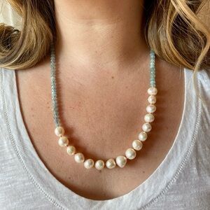 Pearl and aquamarine hand-strung necklace with coral silk knots